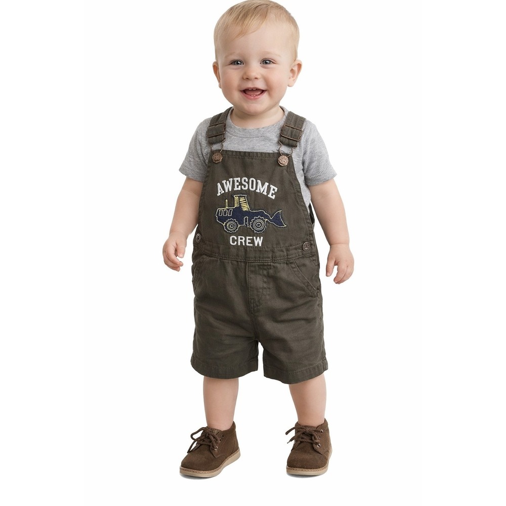 OshKosh B'gosh Olive Green 18 Months Overalls Boys Construction Shortalls #416